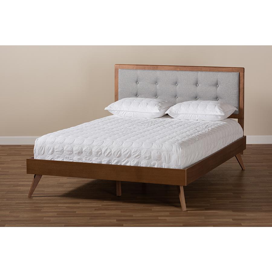 Light Grey Fabric Upholstered Walnut Brown Finished Wood Queen Size Platform Bed. Picture 7