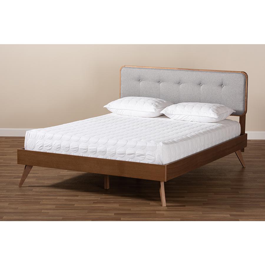 Light Grey Fabric Upholstered Walnut Brown Finished Wood Queen Size Platform Bed. Picture 7