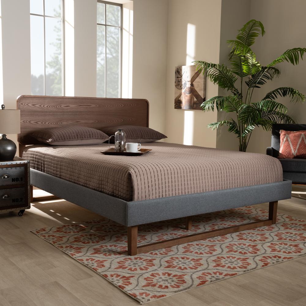 Baxton Studio Ayla Mid-Century Modern Dark Grey Fabric Upholstered Walnut Brown Finished Wood King Size Platform Bed. Picture 6
