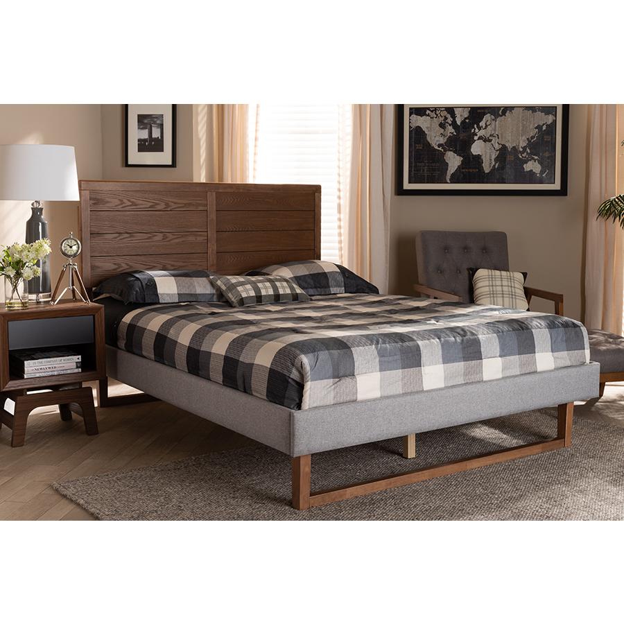 Baxton Studio Claudia Rustic Modern Light Grey Fabric Upholstered and Walnut Brown Finished Wood Queen Size Platform Bed. Picture 6