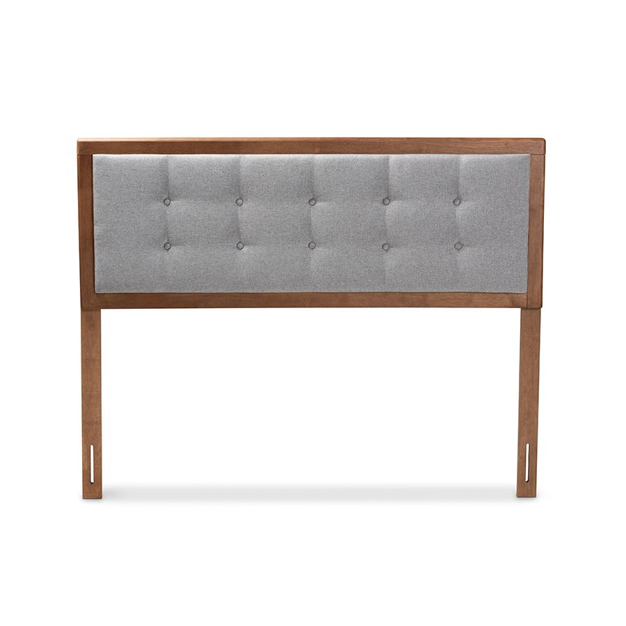 Light Grey Fabric Upholstered Walnut Brown Finished Wood Queen Size Headboard. Picture 2