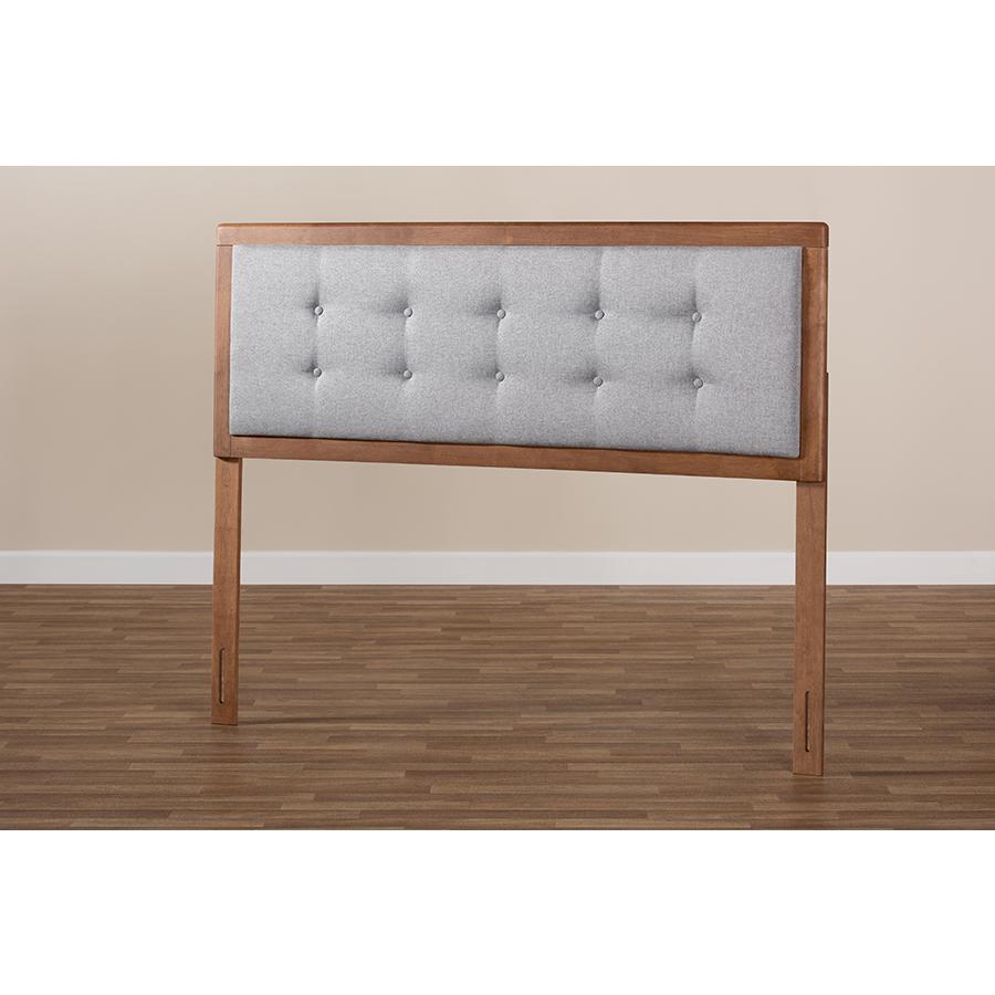Baxton Studio Sarine Mid-Century Modern Light Grey Fabric Upholstered Walnut Brown Finished Wood King Size Headboard. Picture 5