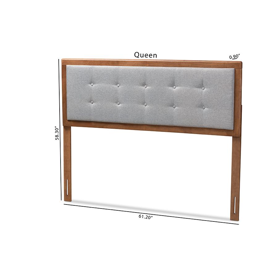 Light Grey Fabric Upholstered Walnut Brown Finished Wood Queen Size Headboard. Picture 7