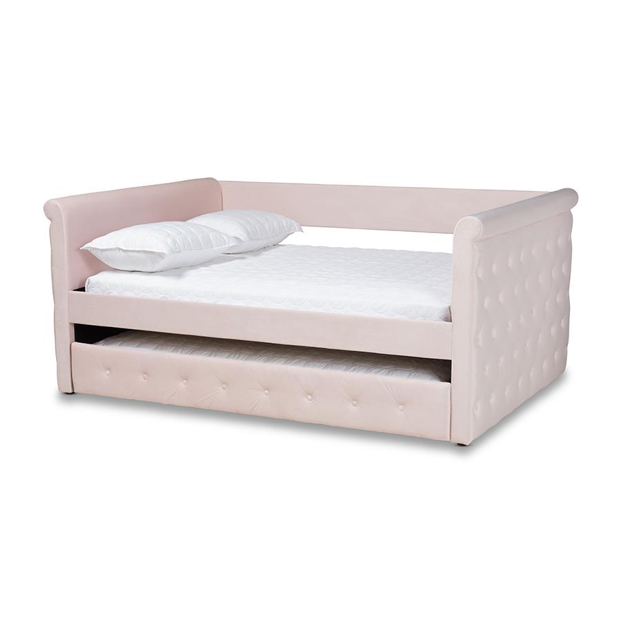 Baxton Studio Amaya Modern and Contemporary Light Pink Velvet Fabric Upholstered Full Size Daybed with Trundle. Picture 1