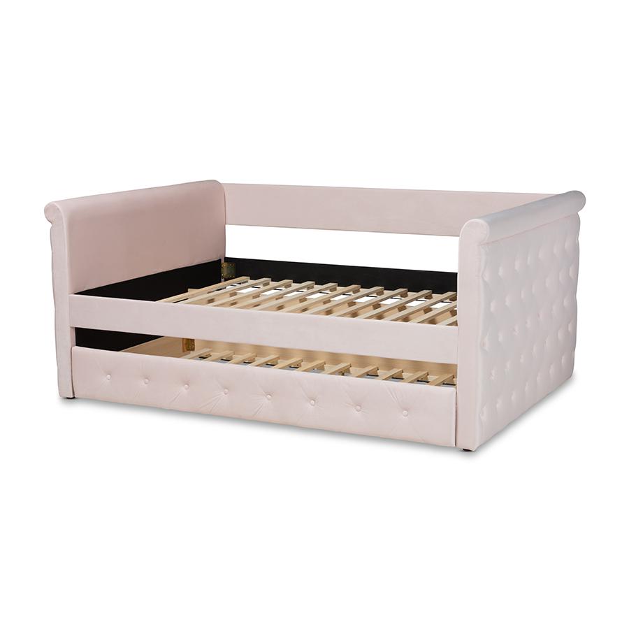 Baxton Studio Amaya Modern and Contemporary Light Pink Velvet Fabric Upholstered Full Size Daybed with Trundle. Picture 4
