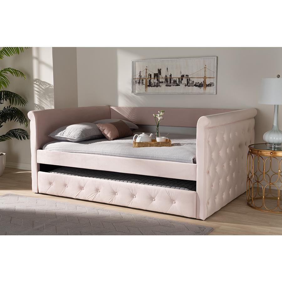 Baxton Studio Amaya Modern and Contemporary Light Pink Velvet Fabric Upholstered Full Size Daybed with Trundle. Picture 8