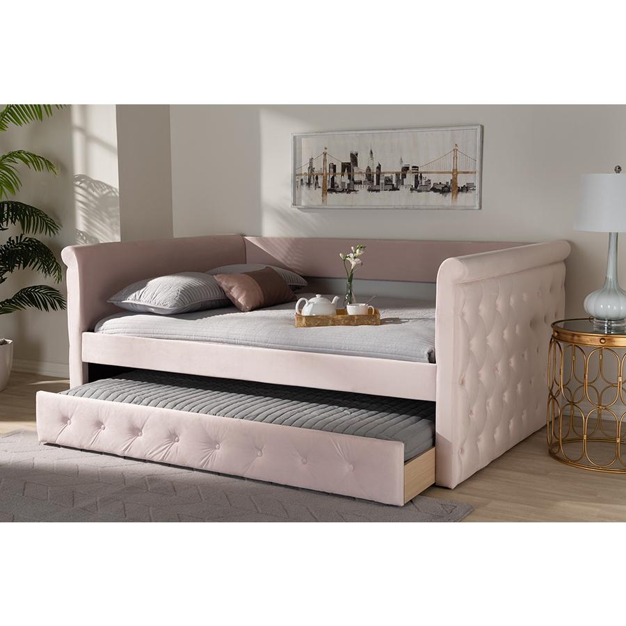 Baxton Studio Amaya Modern and Contemporary Light Pink Velvet Fabric Upholstered Full Size Daybed with Trundle. Picture 9