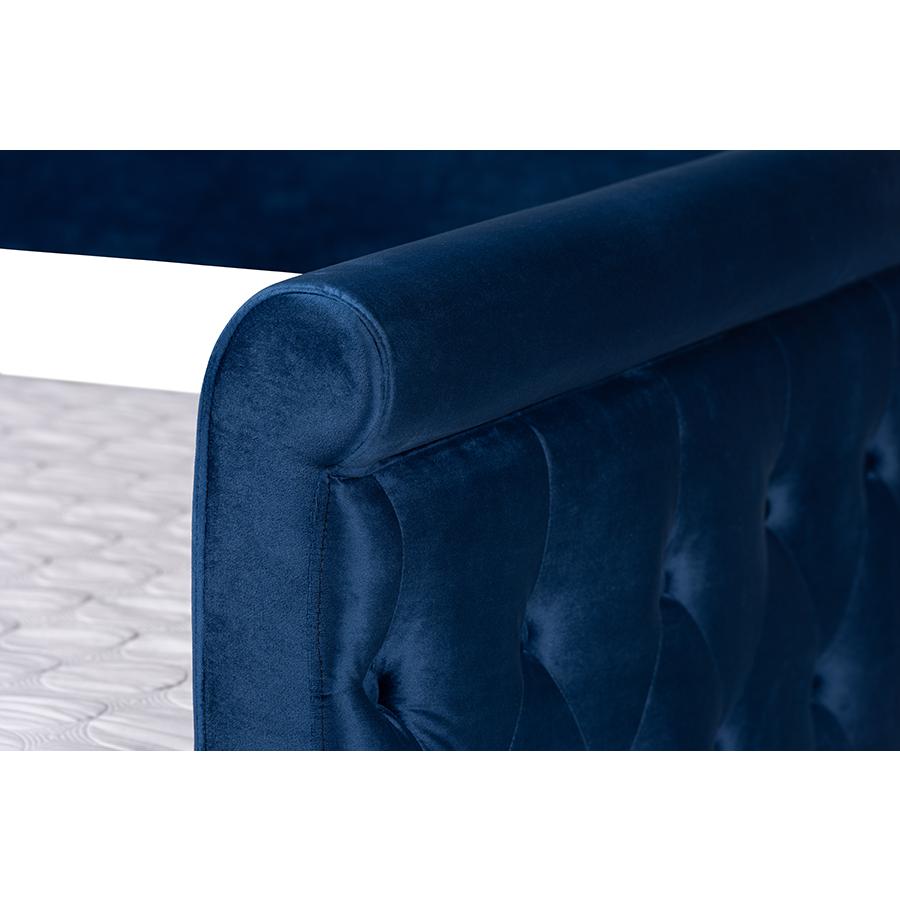 Navy Blue Velvet Fabric Upholstered Queen Size Daybed with Trundle. Picture 7
