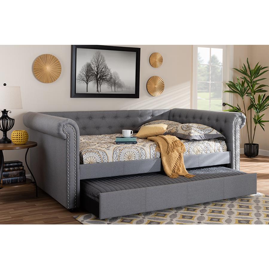 Gray Fabric Upholstered Queen Size Daybed with Trundle. Picture 8