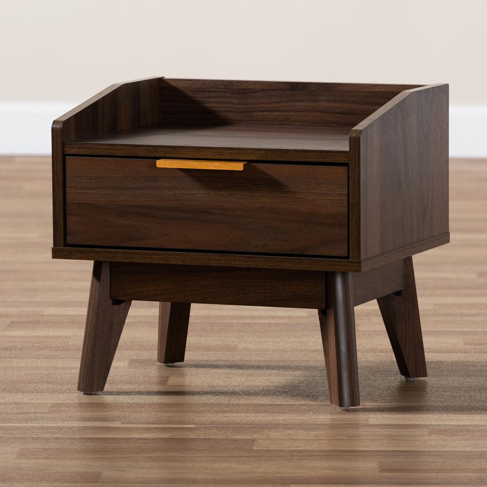 Lena Mid-Century Modern Walnut Brown Finished 1-Drawer Wood Nightstand. Picture 17