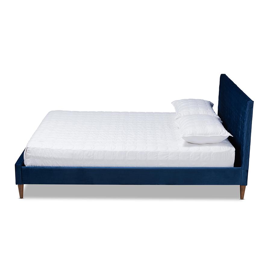 Frida Glam and Luxe Royal Blue Velvet Fabric Upholstered Queen Size Bed. Picture 2