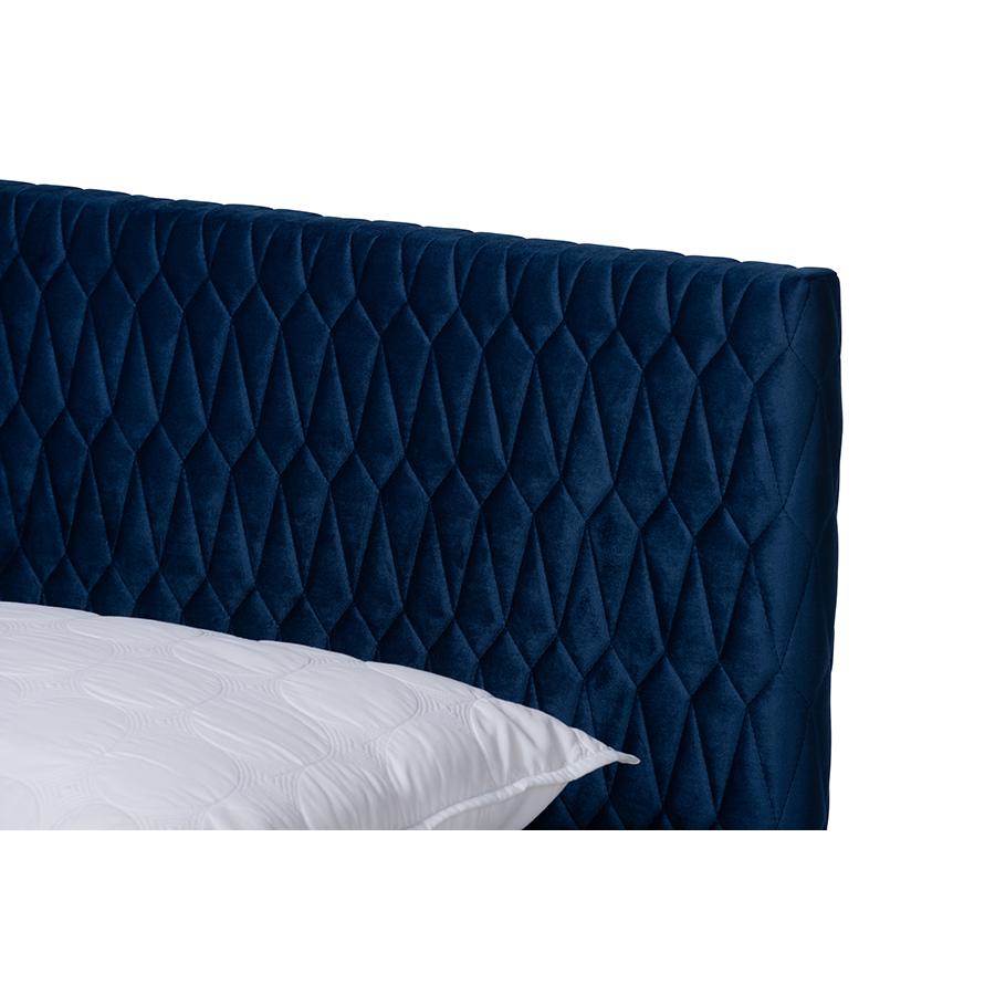 Frida Glam and Luxe Royal Blue Velvet Fabric Upholstered Queen Size Bed. Picture 4