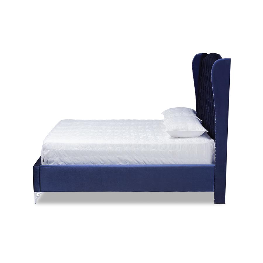 Hanne Glam and Luxe Purple Blue Velvet Fabric Upholstered King Size Wingback Bed. Picture 2