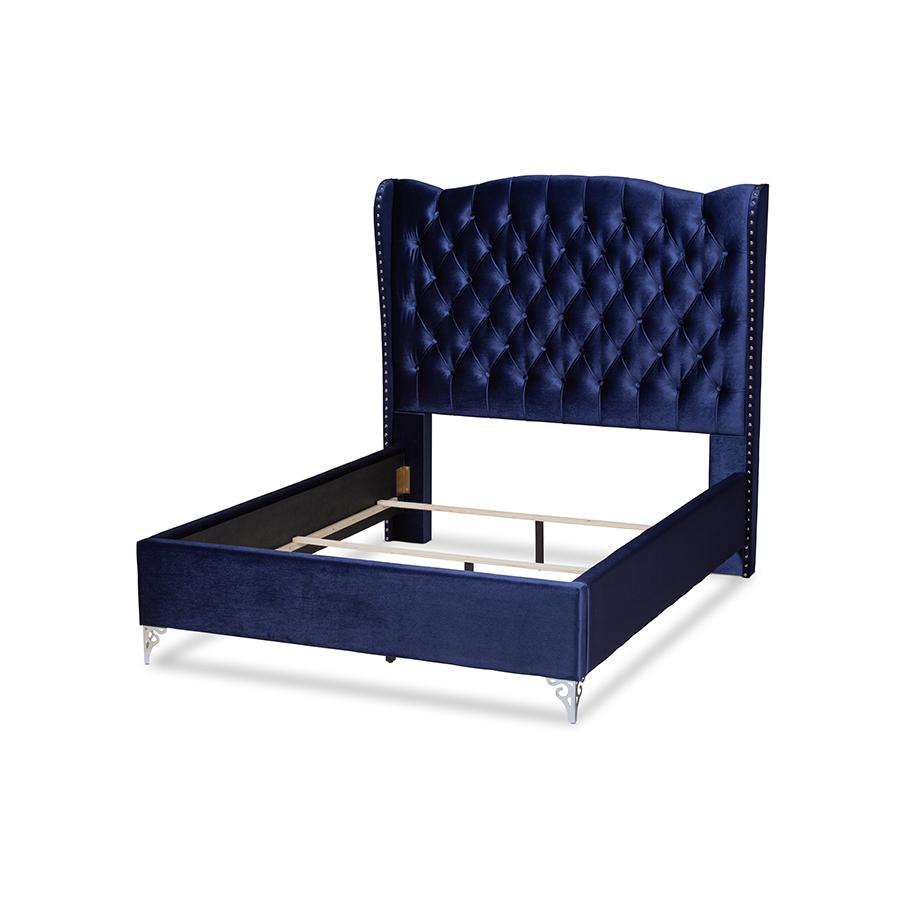 Hanne Glam and Luxe Purple Blue Velvet Fabric Upholstered King Size Wingback Bed. Picture 3