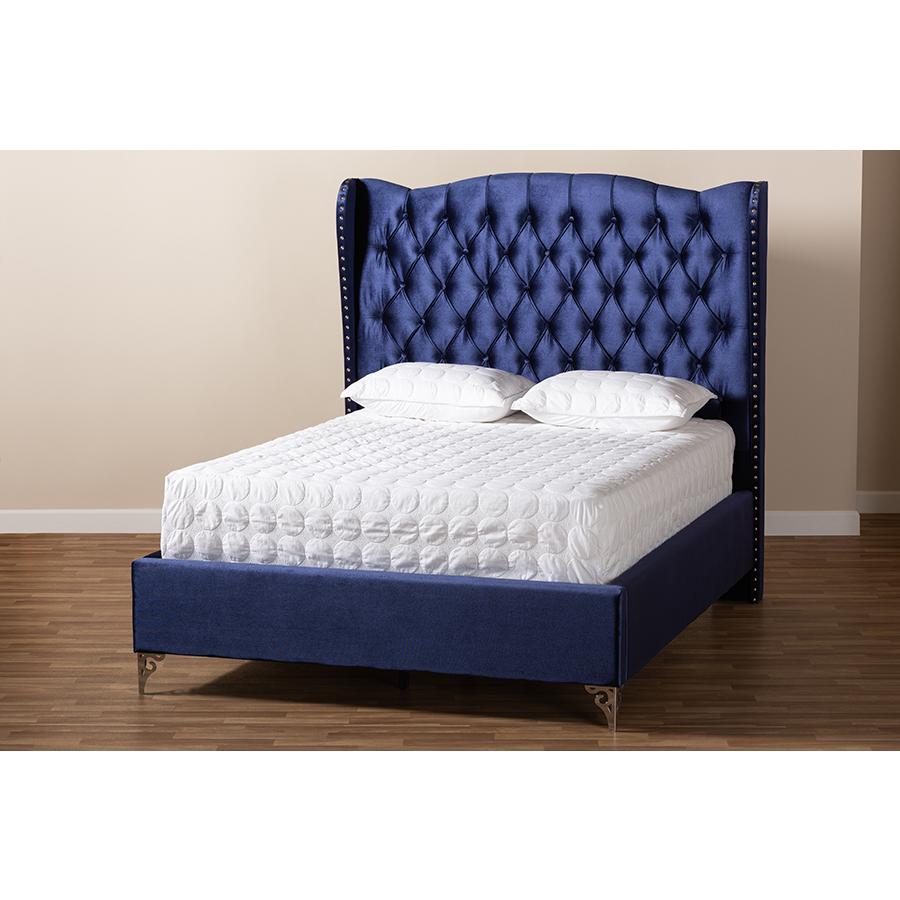Hanne Glam and Luxe Purple Blue Velvet Fabric Upholstered King Size Wingback Bed. Picture 7
