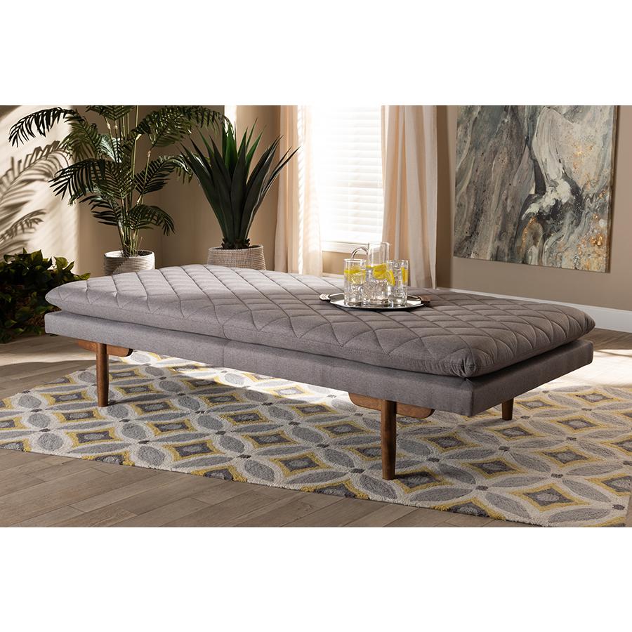 Marit Mid-Century Modern Grey Fabric Upholstered Walnut Finished Wood Daybed. Picture 17