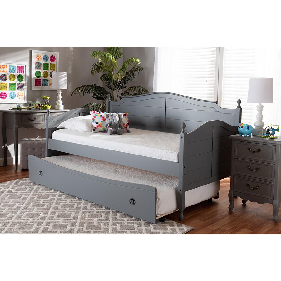 Grey Finished Wood Twin Size Daybed with Roll-Out Trundle Bed. Picture 25