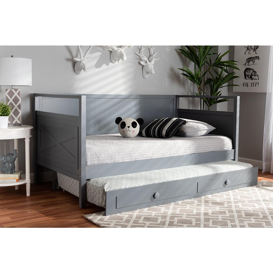 Cintia Cottage Farmhouse Grey Finished Wood Twin Size Daybed with Trundle. Picture 25