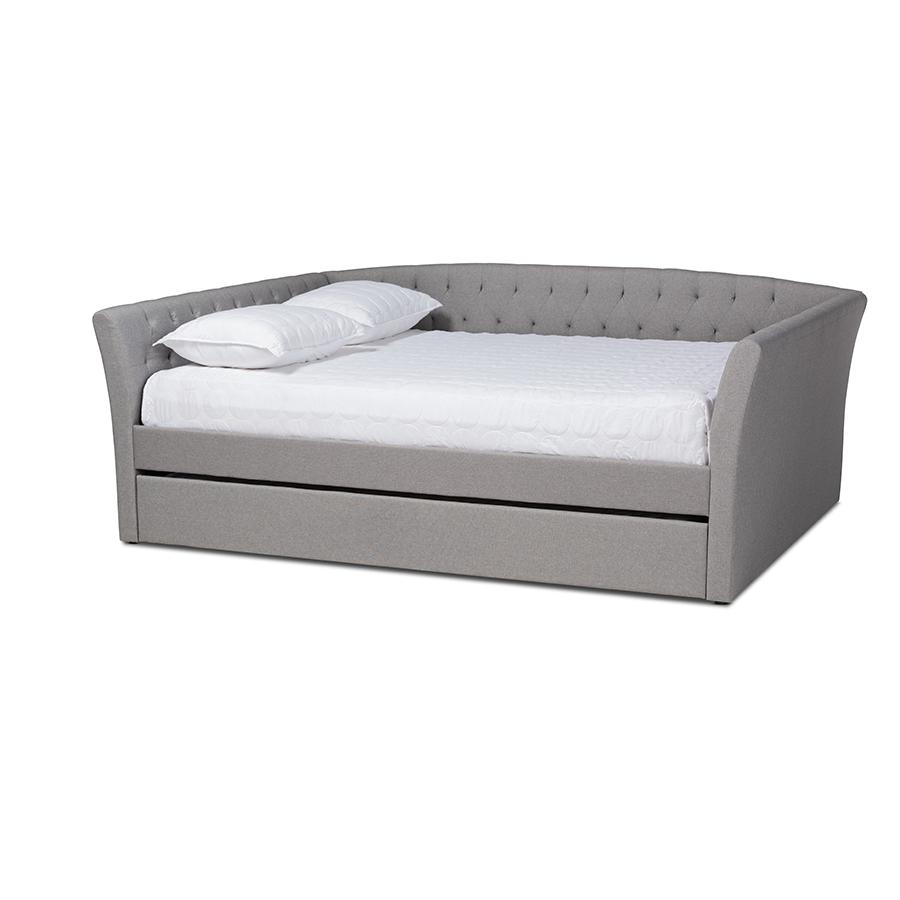 Light Grey Fabric Upholstered Queen Size Daybed with Roll-Out Trundle Bed. Picture 1