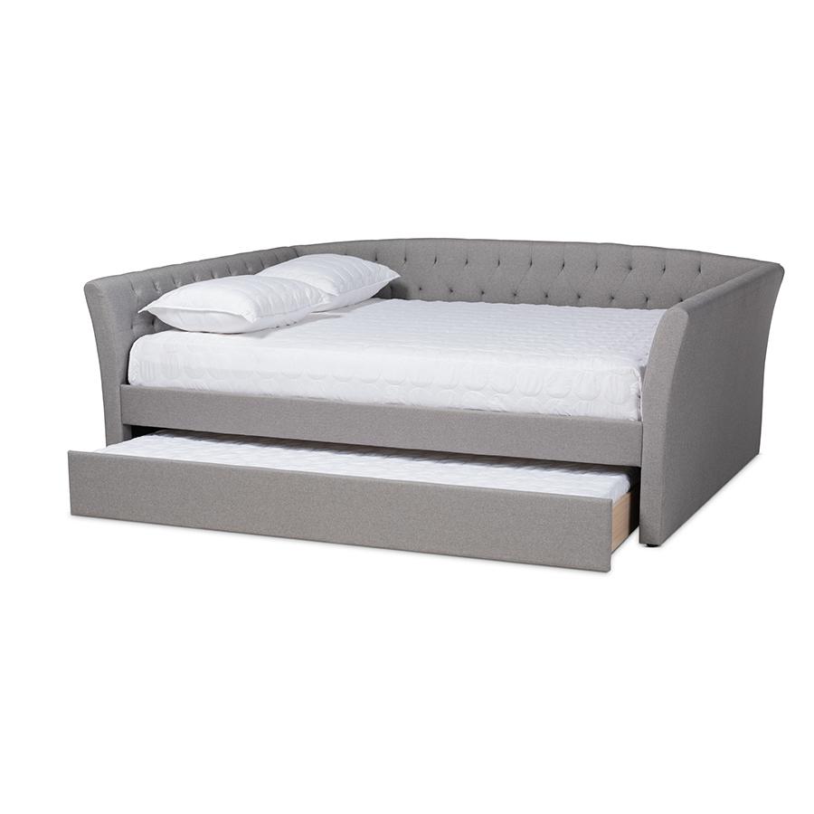 Light Grey Fabric Upholstered Queen Size Daybed with Roll-Out Trundle Bed. Picture 2