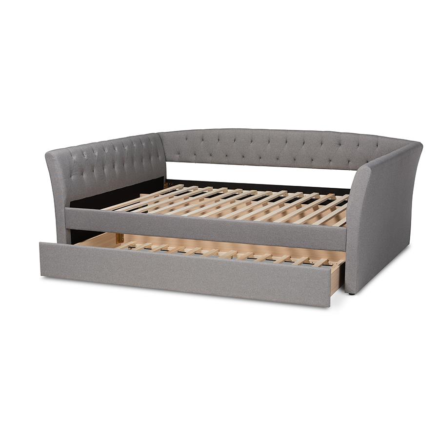 Light Grey Fabric Upholstered Queen Size Daybed with Roll-Out Trundle Bed. Picture 5