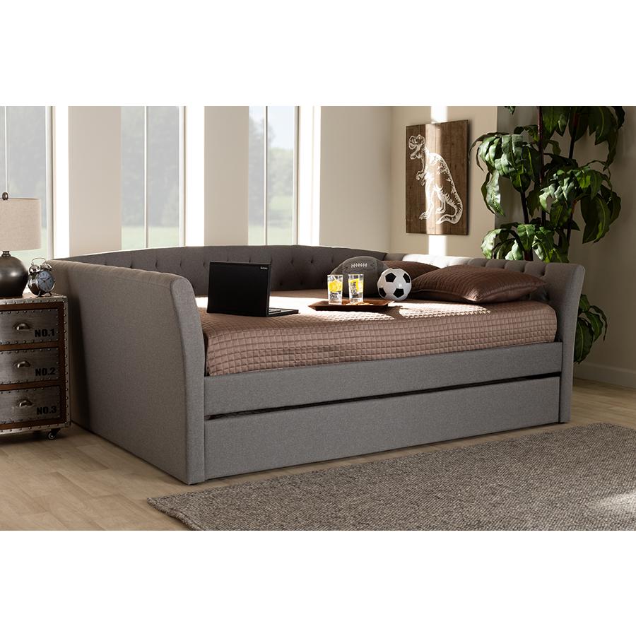 Light Grey Fabric Upholstered Queen Size Daybed with Roll-Out Trundle Bed. Picture 7