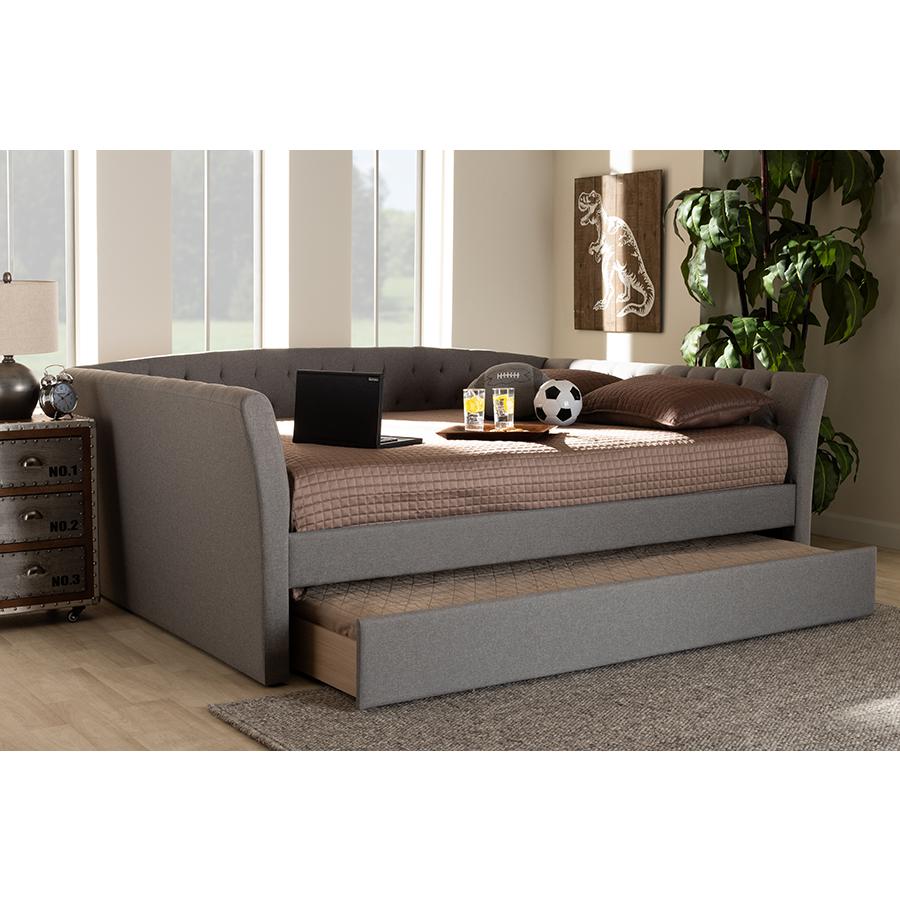 Light Grey Fabric Upholstered Full Size Daybed with Roll-Out Trundle Bed. Picture 23