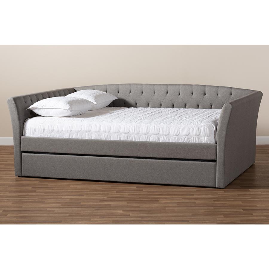 Light Grey Fabric Upholstered Queen Size Daybed with Roll-Out Trundle Bed. Picture 9