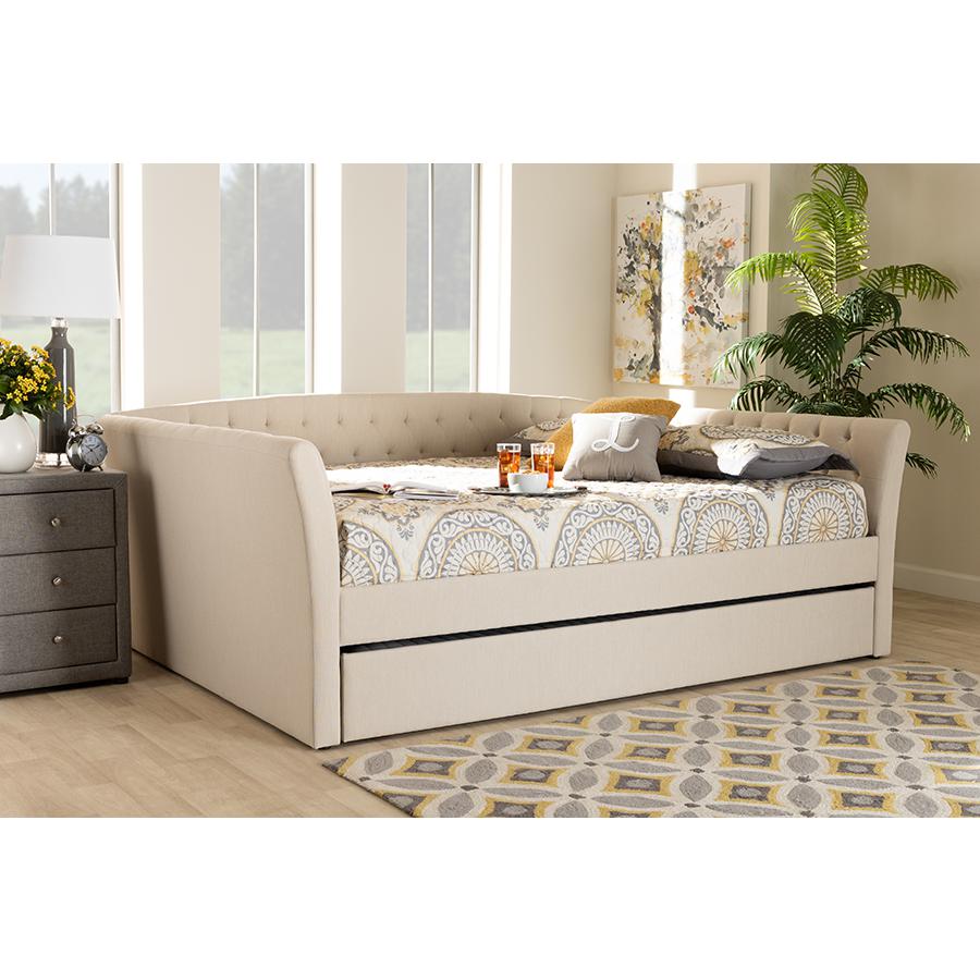 Beige Fabric Upholstered Full Size Daybed with Roll-Out Trundle Bed. Picture 23