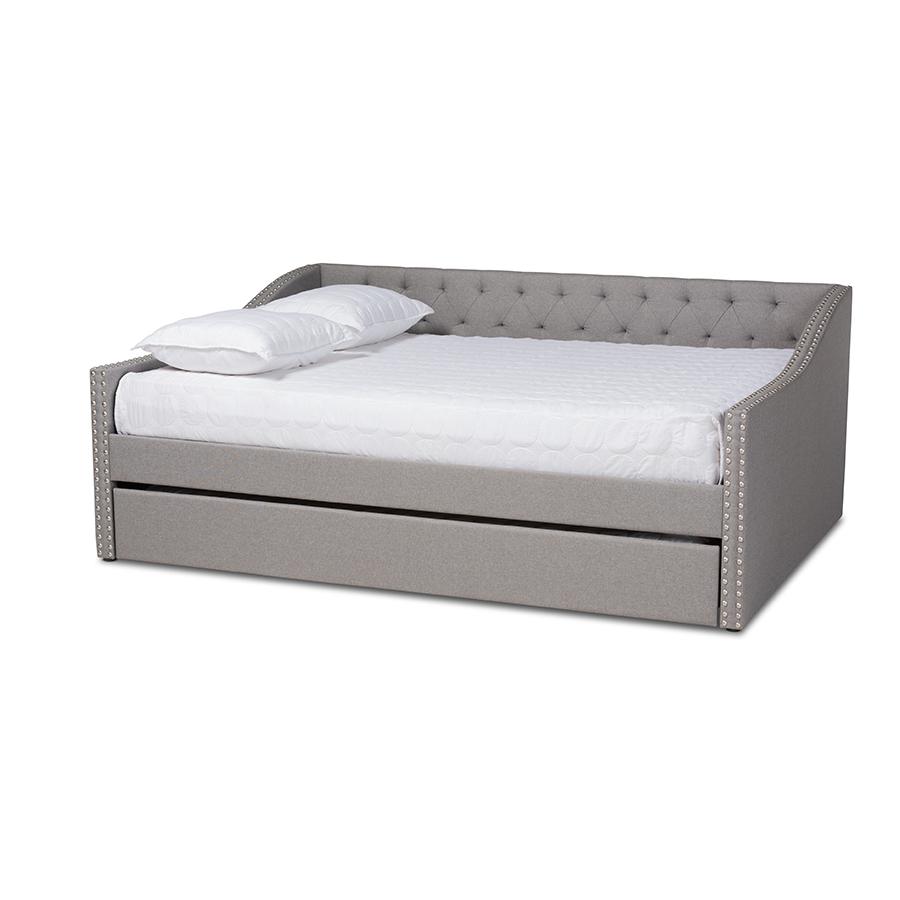 Light Grey Fabric Upholstered Queen Size Daybed with Roll-Out Trundle Bed. Picture 1