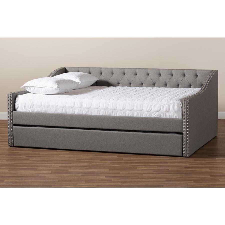Light Grey Fabric Upholstered Queen Size Daybed with Roll-Out Trundle Bed. Picture 10
