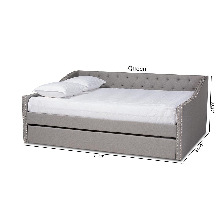Light Grey Fabric Upholstered Queen Size Daybed with Roll-Out Trundle Bed. Picture 12