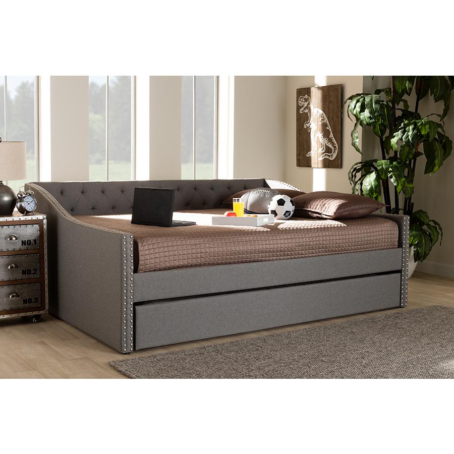 Light Grey Fabric Upholstered Queen Size Daybed with Roll-Out Trundle Bed. Picture 8