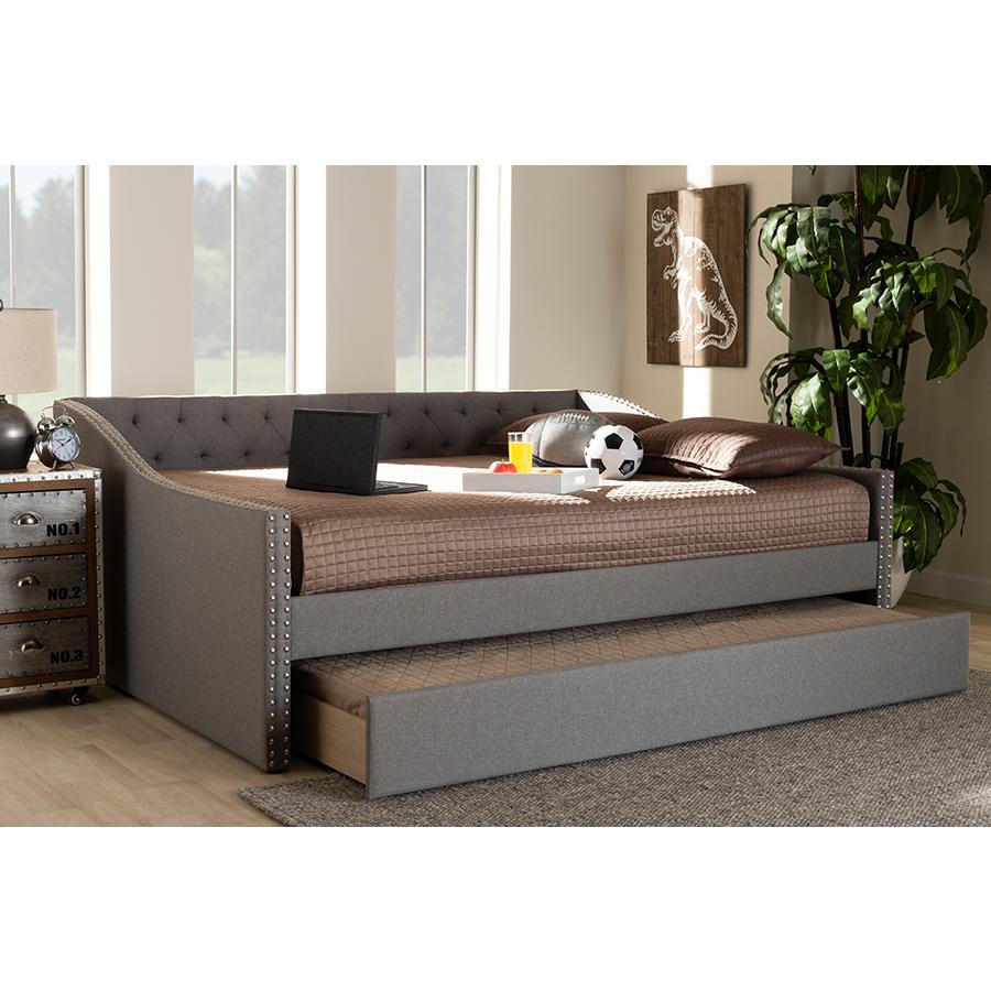 Light Grey Fabric Upholstered Full Size Daybed with Roll-Out Trundle Bed. Picture 25