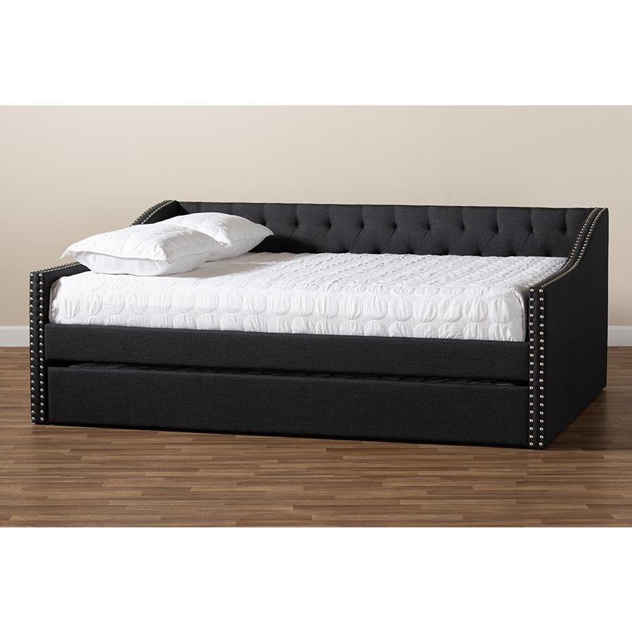 Dark Grey Fabric Upholstered Queen Size Daybed with Roll-Out Trundle Bed. Picture 10