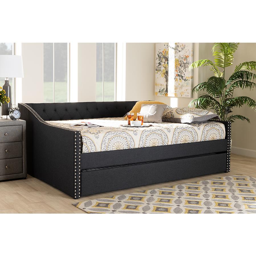 Dark Grey Fabric Upholstered Queen Size Daybed with Roll-Out Trundle Bed. Picture 8