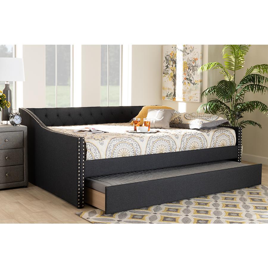 Dark Grey Fabric Upholstered Full Size Daybed with Roll-Out Trundle Bed. Picture 25
