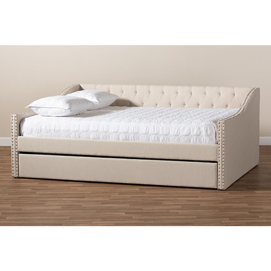 Beige Fabric Upholstered Queen Size Daybed with Roll-Out Trundle Bed. Picture 10