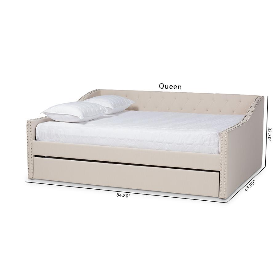 Beige Fabric Upholstered Queen Size Daybed with Roll-Out Trundle Bed. Picture 12