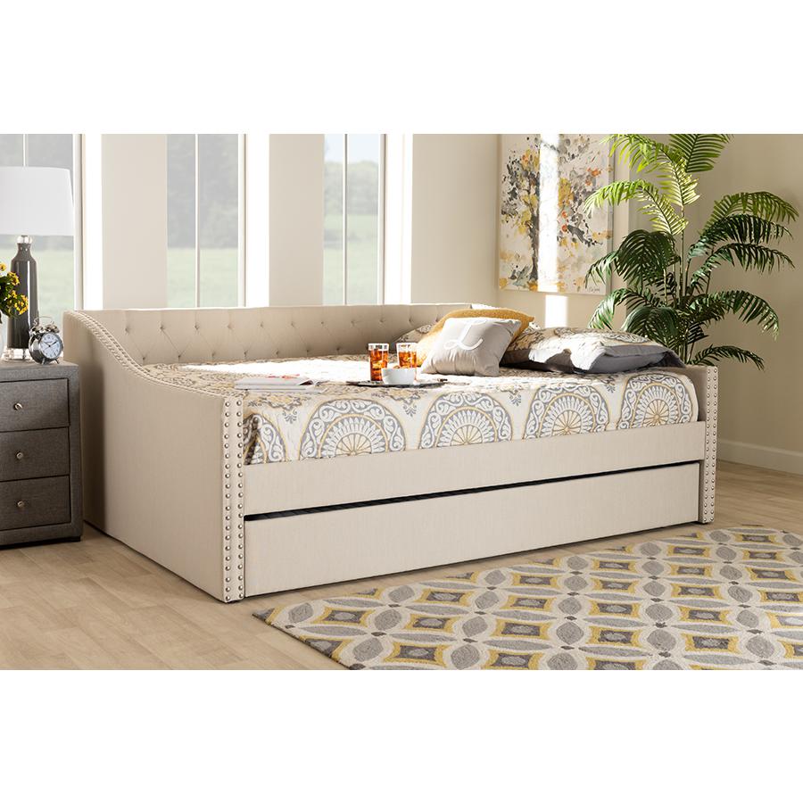Beige Fabric Upholstered Queen Size Daybed with Roll-Out Trundle Bed. Picture 8