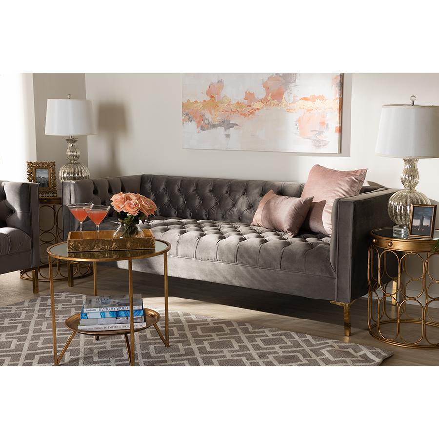 Baxton Studio Zanetta Glam and Luxe Gray Velvet Upholstered Gold Finished Sofa. Picture 19