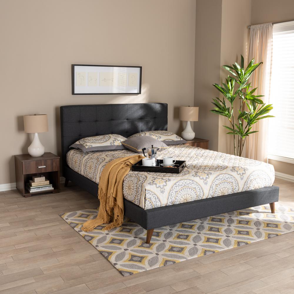 Baxton Studio Maren Mid-Century Modern Dark Grey Fabric Upholstered Queen Size Platform Bed with Two Nightstands. Picture 1