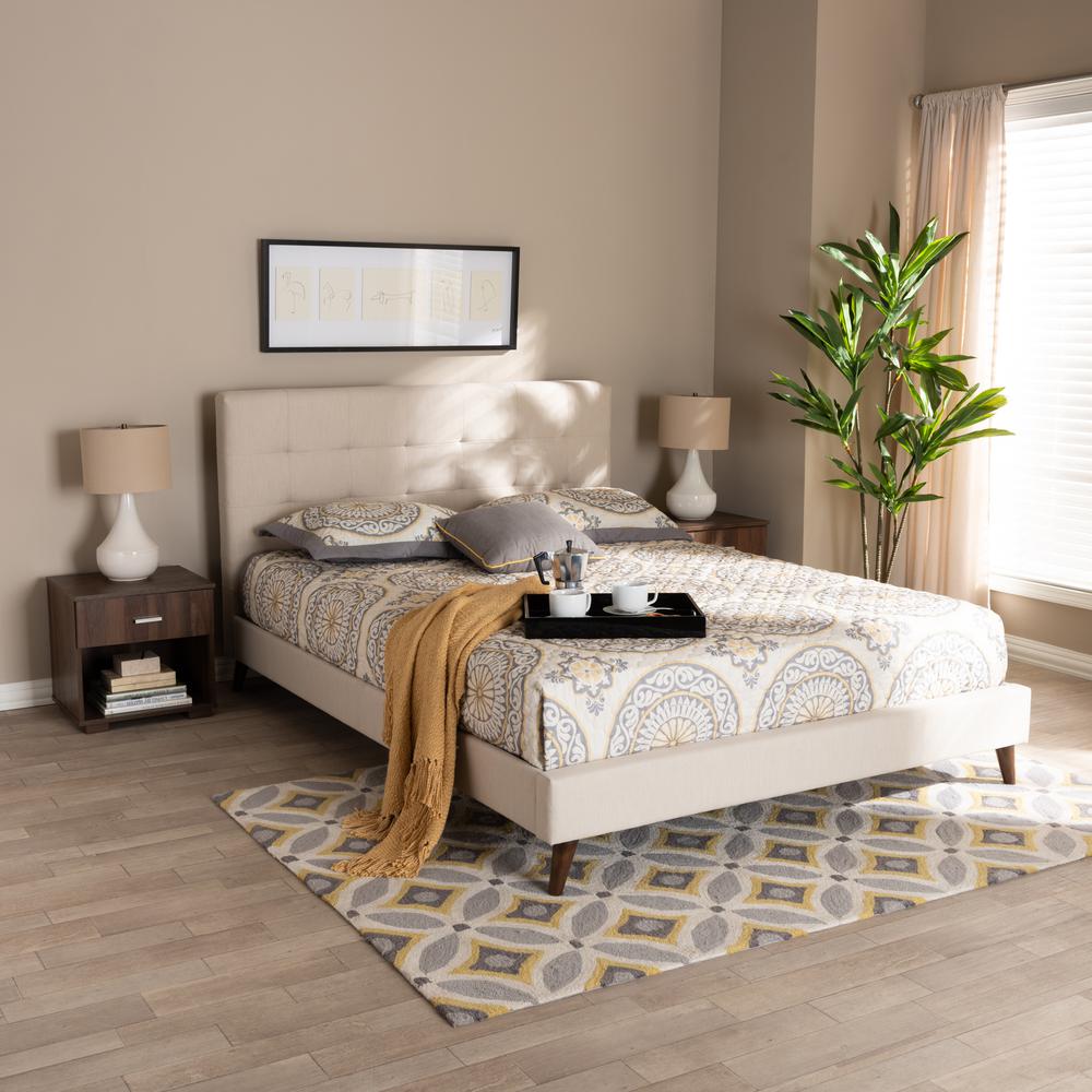 Baxton Studio Maren Mid-Century Modern Beige Fabric Upholstered Queen Size Platform Bed with Two Nightstands. Picture 1