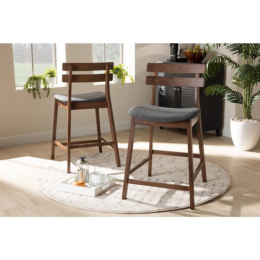 Baxton Studio Larine Modern and Contemporary Dark Grey Fabric Upholstered Walnut Finished 2-Piece Wood Counter Stool Set. Picture 11