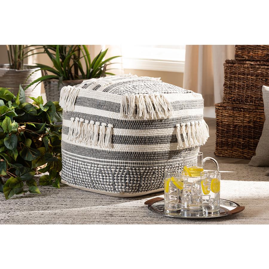 Kirby Moroccan Inspired Grey and Ivory Handwoven Cotton Pouf Ottoman. Picture 13
