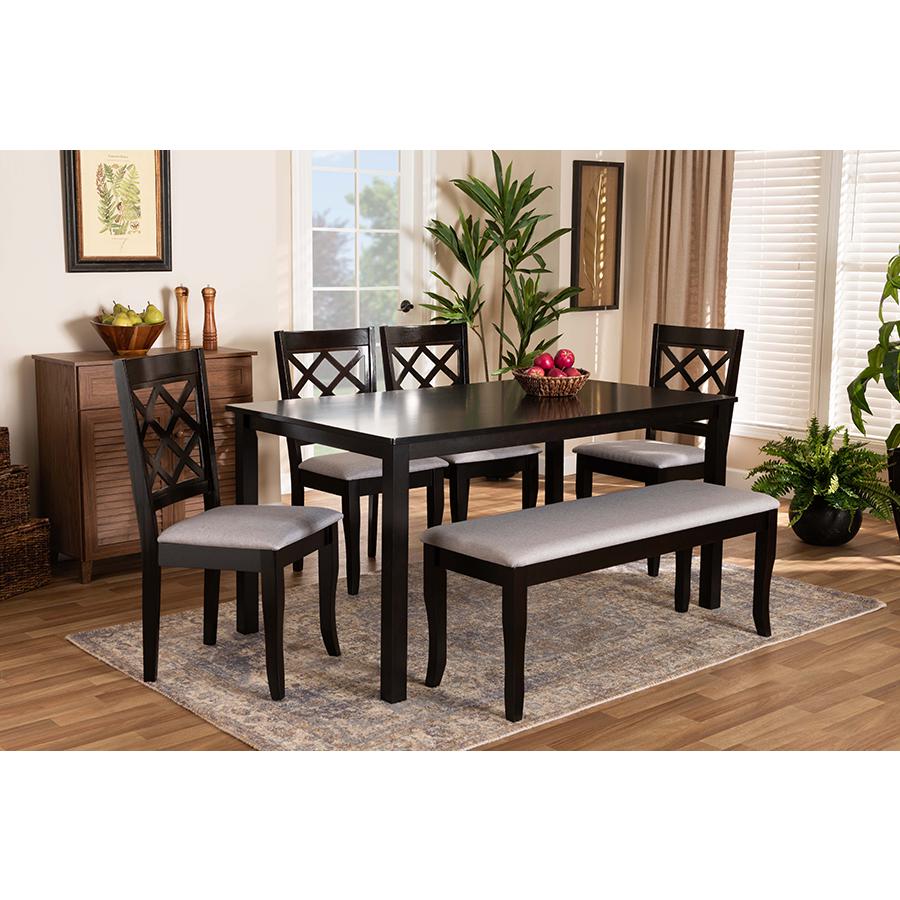 Grey Fabric Upholstered and Dark Brown Finished Wood 6-Piece Dining Set. Picture 21