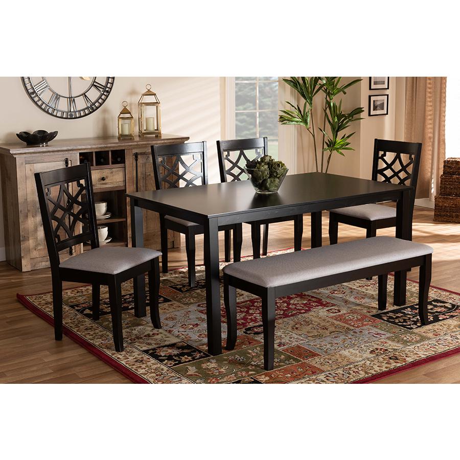 Grey Fabric Upholstered and Dark Brown Finished Wood 6-Piece Dining Set. Picture 19