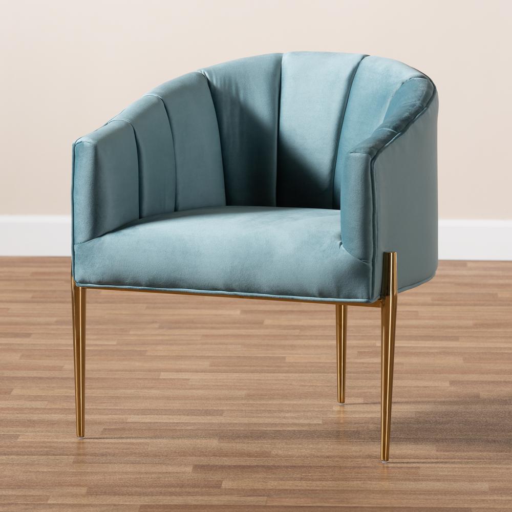 Luxe Light Blue Velvet Fabric Upholstered Gold Finished Accent Chair. Picture 17