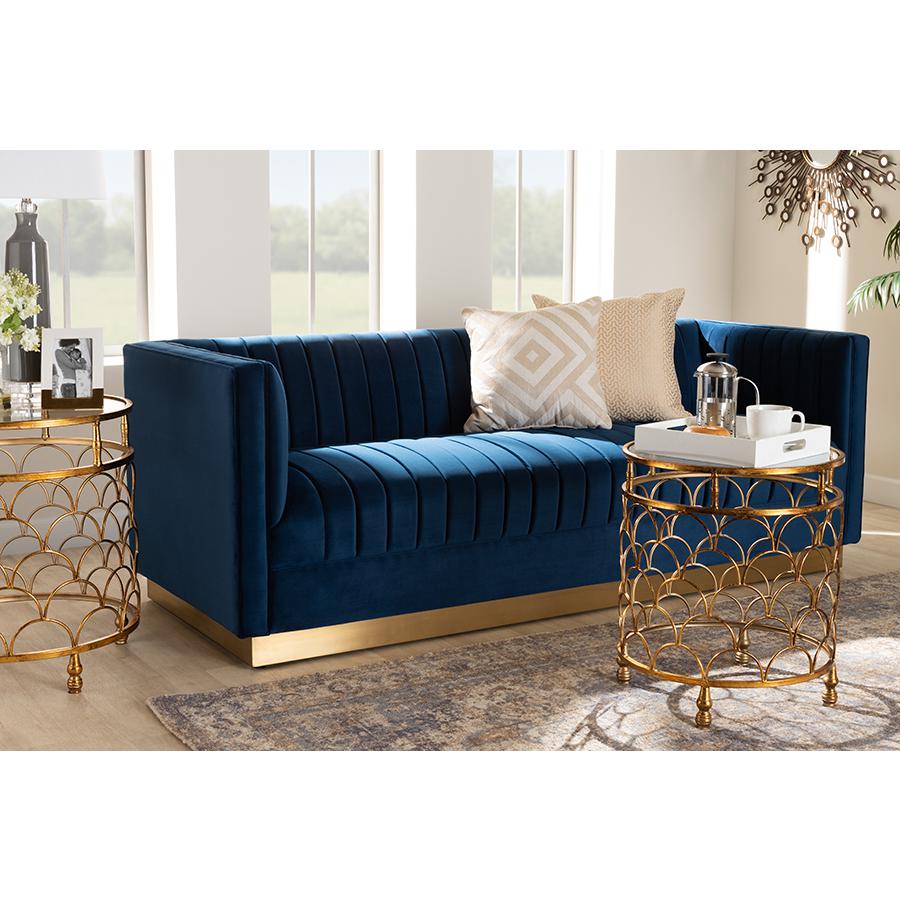 Baxton Studio Aveline Glam and Luxe Navy Blue Velvet Fabric Upholstered Brushed Gold Finished Sofa. Picture 11