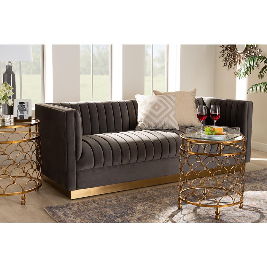 Baxton Studio Aveline Glam and Luxe Grey Velvet Fabric Upholstered Brushed Gold Finished Sofa. Picture 11